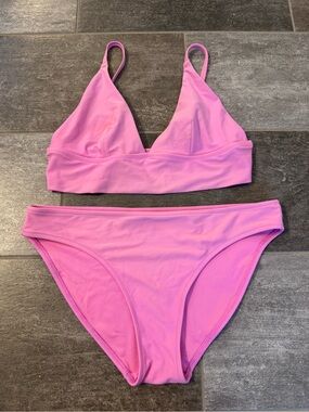 Aerie Pink Triangle Bralette Bikini Set, high rise bottom.